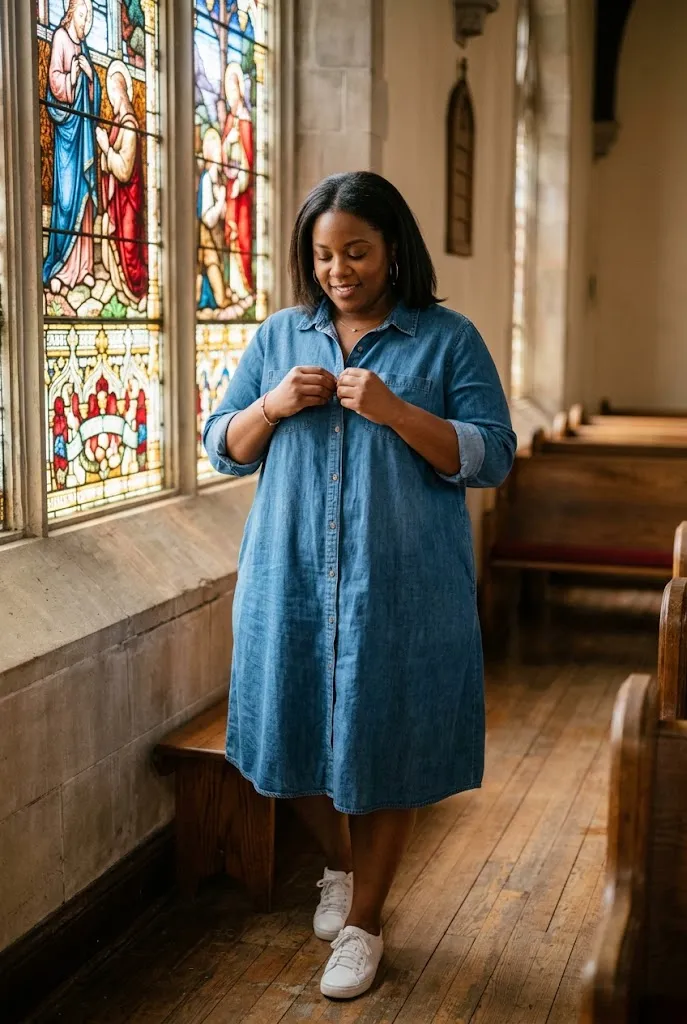 Plus size Black American woman wearing an unbelted denim blue shirt dress