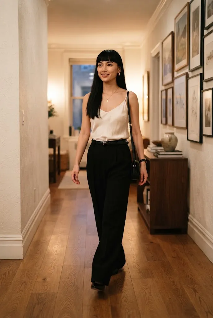 Woman styling a silk cami with wide leg trousers as a cocktail party outfit