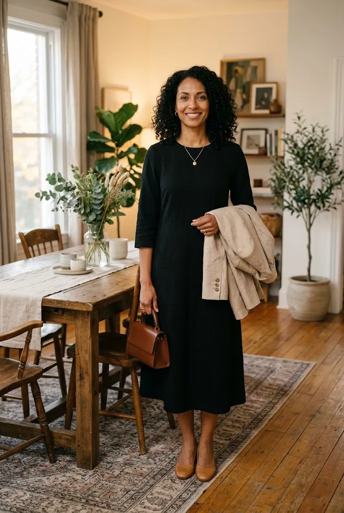 Woman over 30 wearing a versatile simple black midi dress