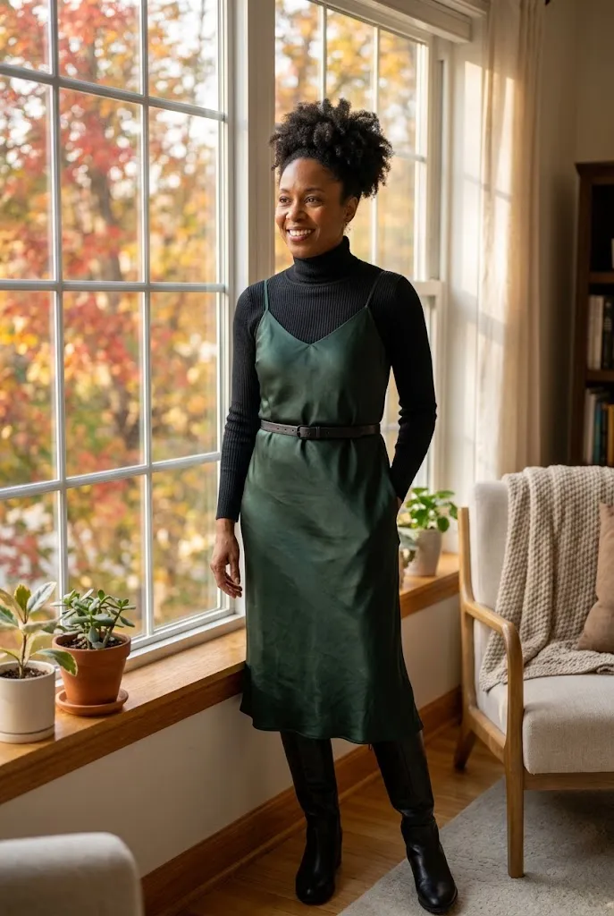 Black woman over 40 wearing a slip dress layered with a turtleneck for fall