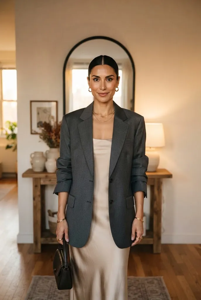 Woman in a satin slip dress and oversized blazer cocktail party outfit