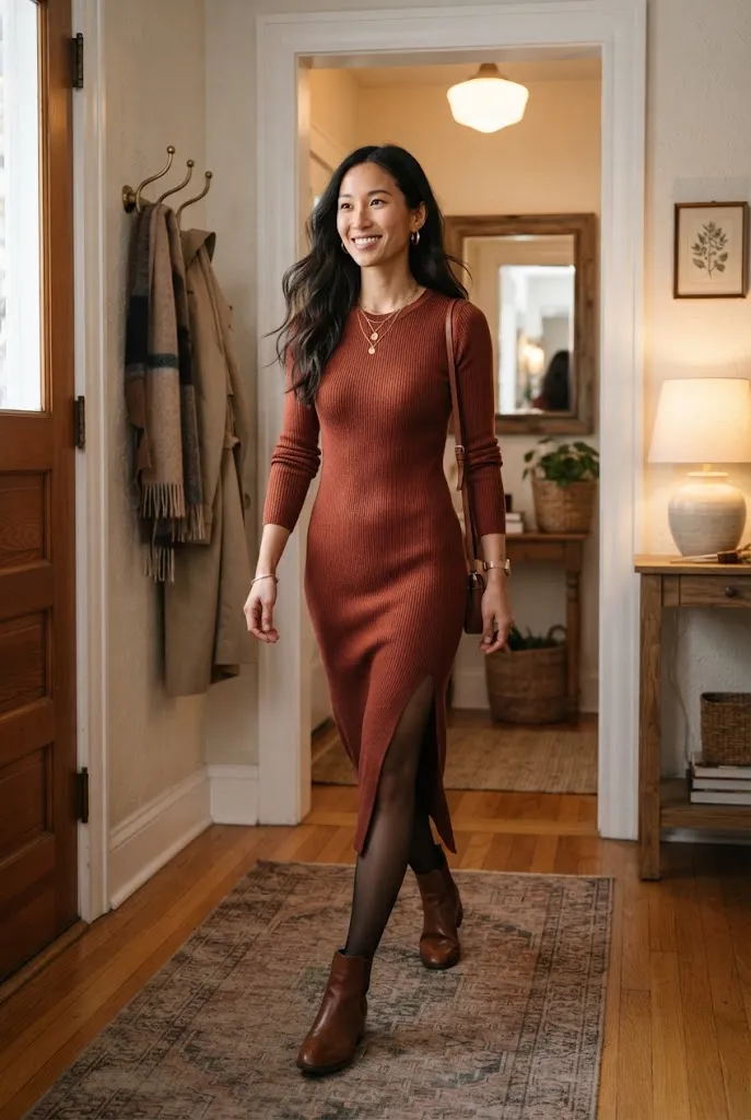 Woman wearing a slit midi dress before heading out to a cocktail party
