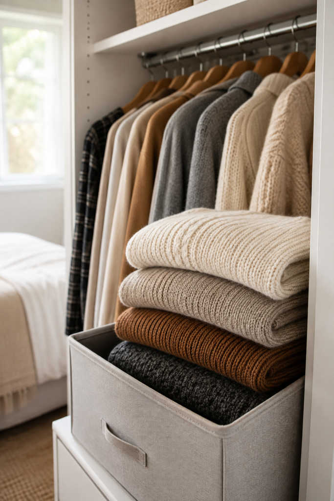 Closet with heavy sweaters folded and packed away to make room for spring clothes