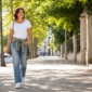 Woman over 40 in a mid wash denim and light jacket spring outfit, spring outfit ideas for women over 40