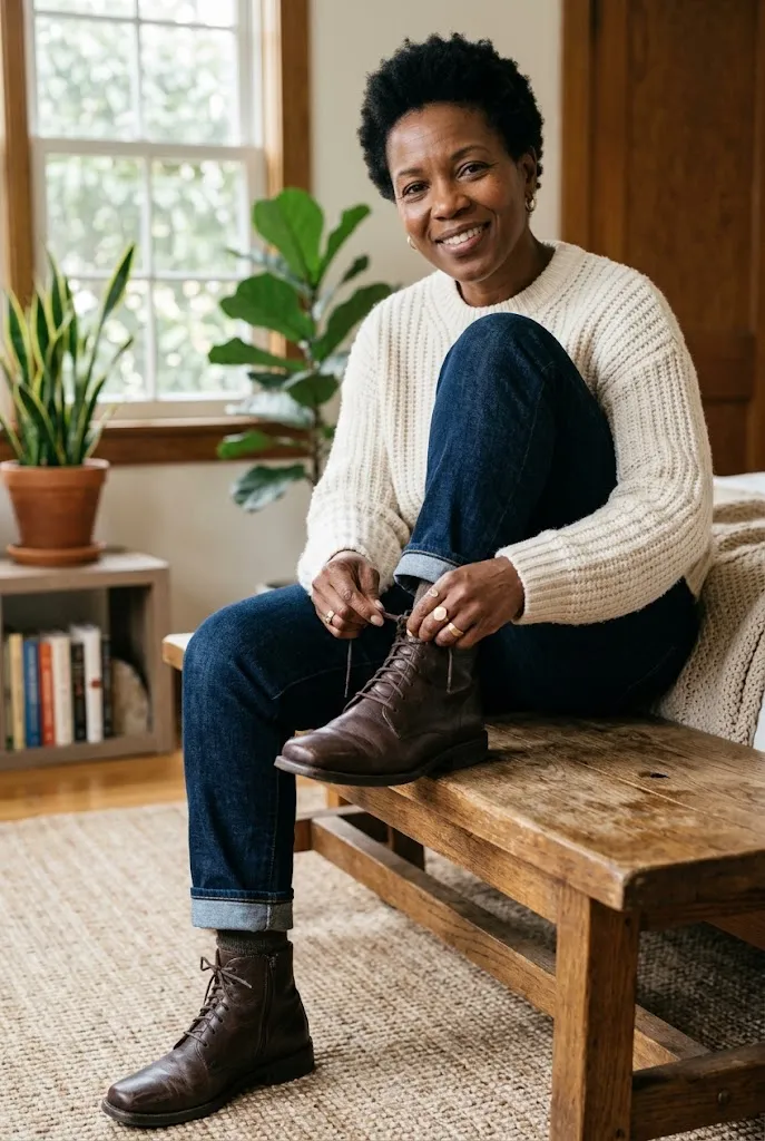 Black woman over 40 lacing up square toe ankle boots
