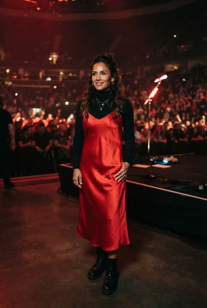 Woman in her 40s wearing a red satin slip dress as the statement piece of her concert outfit