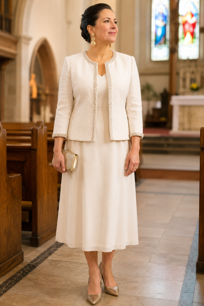 Close-up of gold statement drop earrings styled for a church outfit