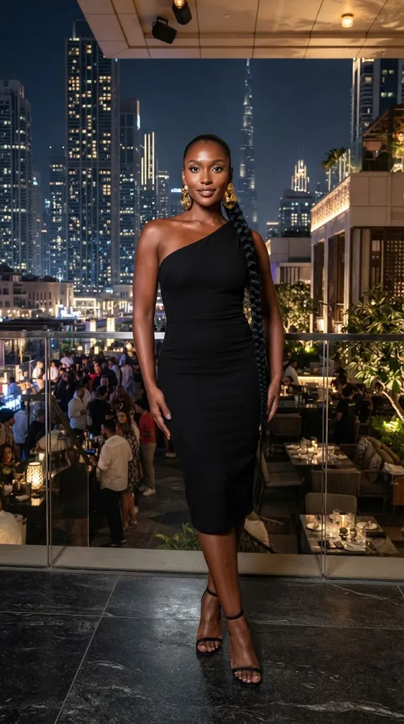 Curvy woman wearing oversized statement earrings with a simple black party dress