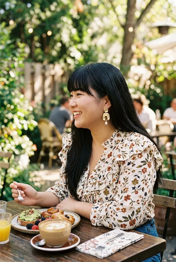 Full figured plus size woman wearing statement earrings with a ruffled printed brunch top