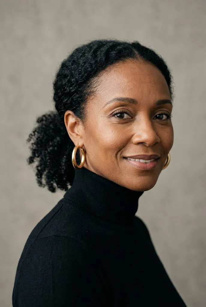 Close up portrait of a Black woman over 40 wearing gold hoop earrings