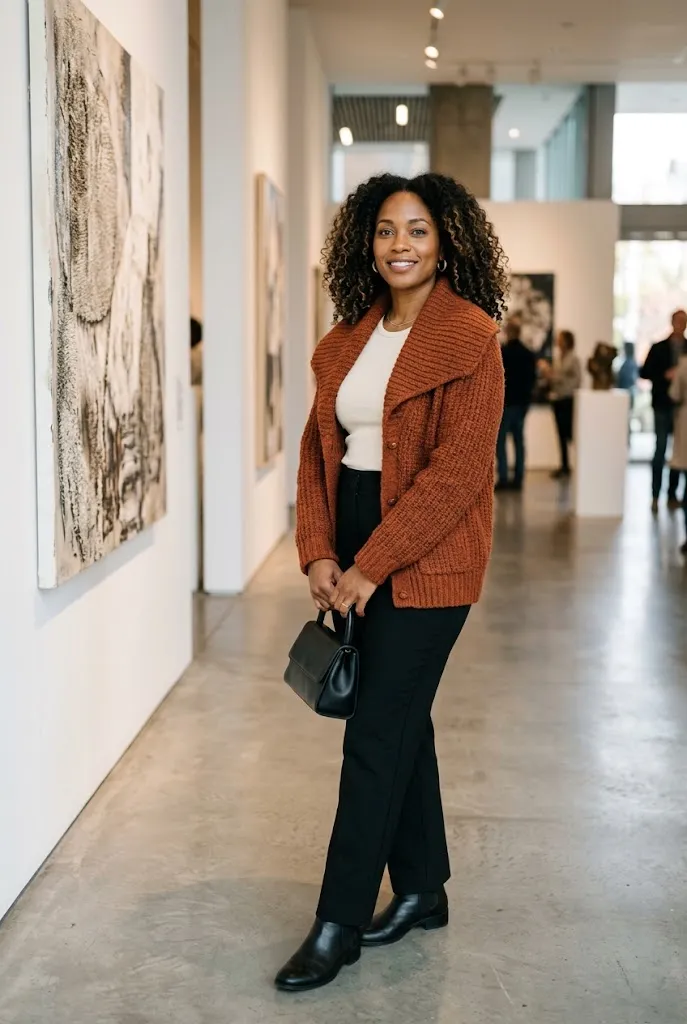 Woman over 30 wearing a statement textured layer with a simple capsule outfit