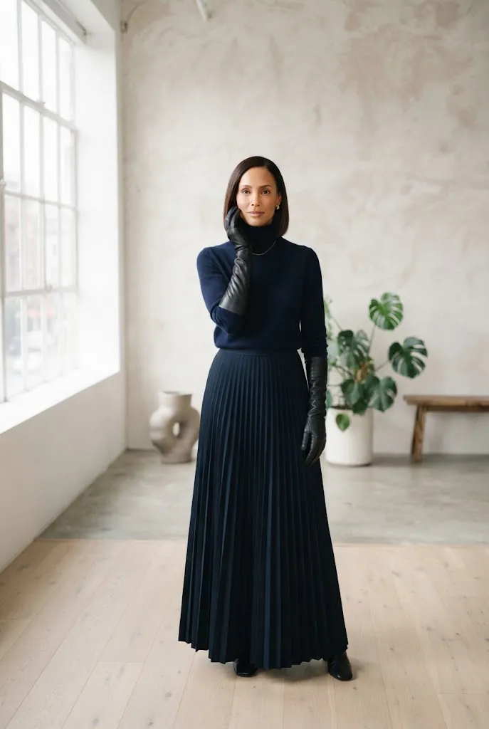 Woman in her 40s wearing long black leather gloves with a navy turtleneck and pleated skirt