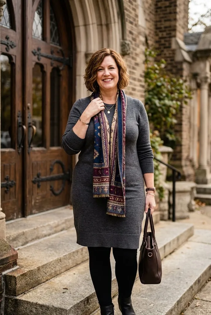 Plus size white American woman wearing a patterned scarf over a gray dress
