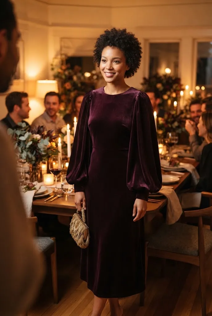 Woman wearing a statement sleeve dress with no additional jewelry