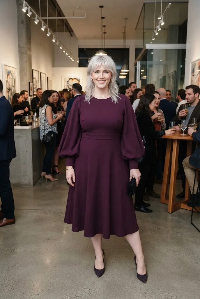 Plus-size woman wearing a party dress with dramatic statement sleeves