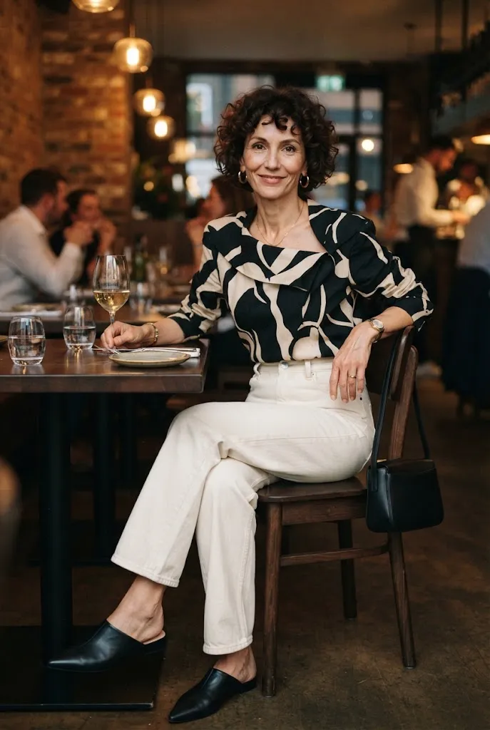 Woman over 40 wearing a statement blouse with neutral wide-leg jeans for girls night out