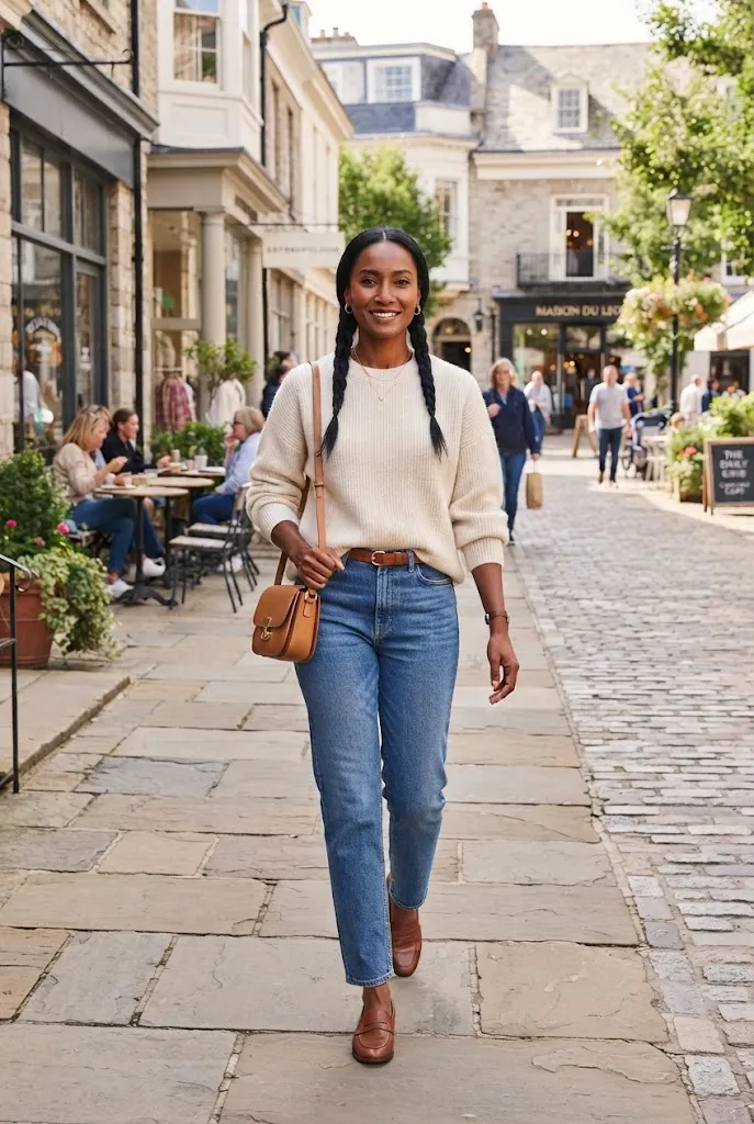 Woman wearing straight-leg denim with a cream sweater and brown loafers