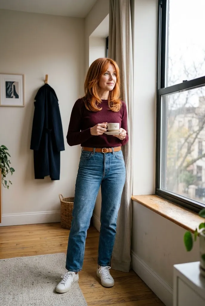 Woman over 30 wearing straight-leg jeans with a polished casual capsule outfit