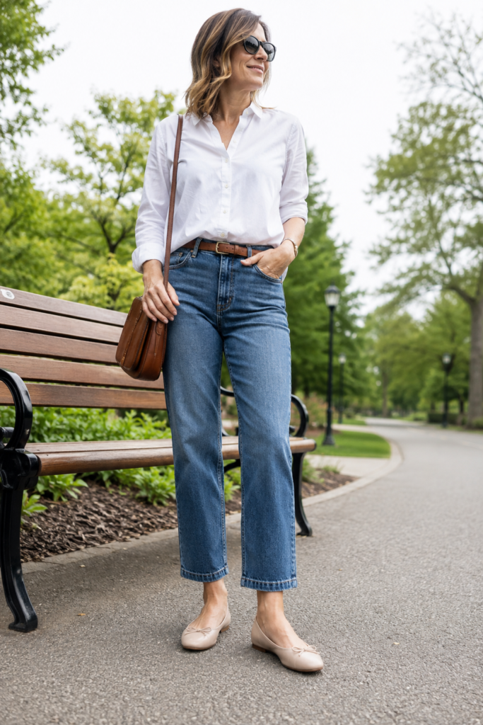 Close up of straight leg jeans paired with flats, spring outfit idea for women over 40