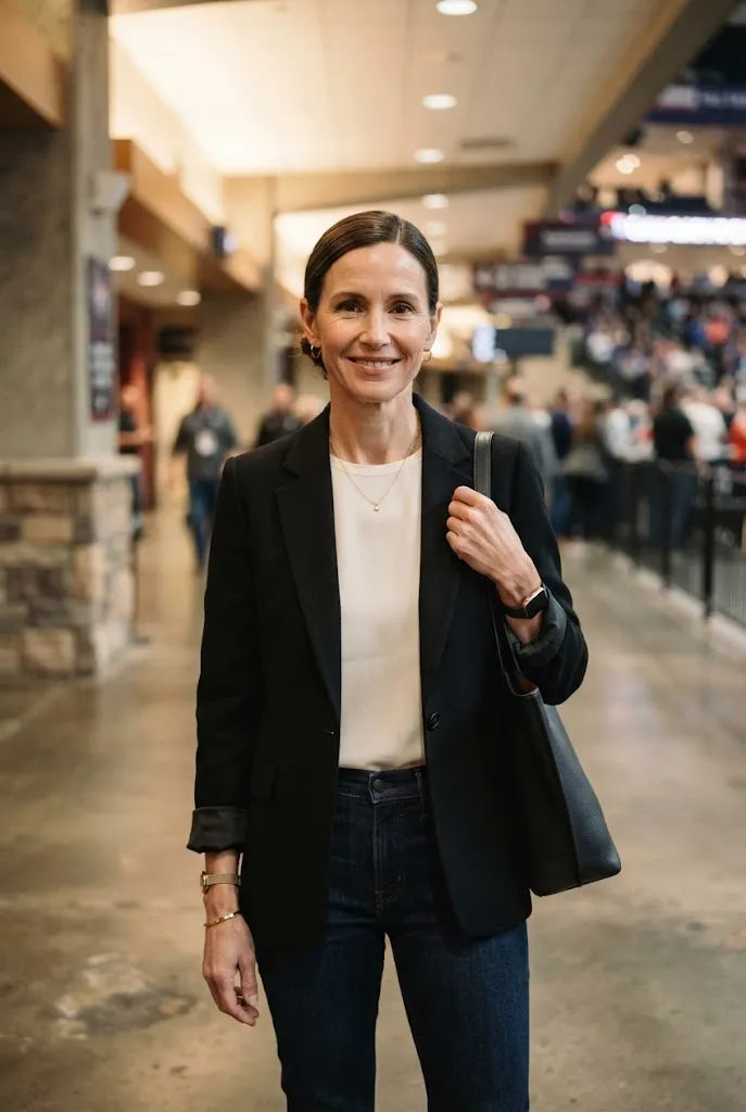 Woman around 42 wearing a structured black blazer over a simple top as a concert outfit idea