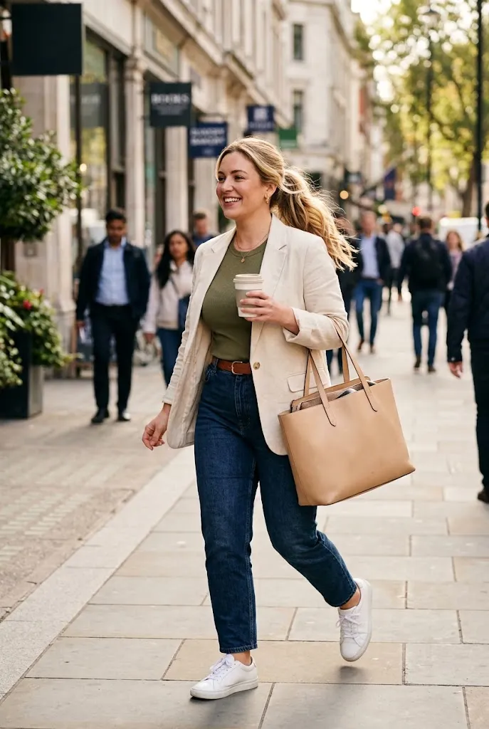 Structured neutral work tote bag styled with a curvy work outfit