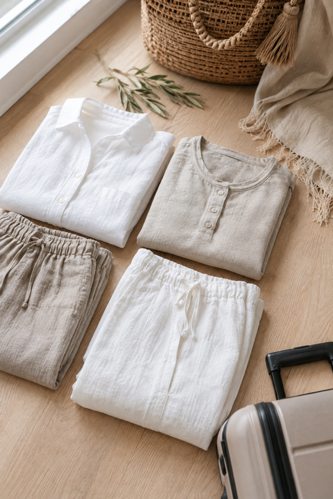 Five-piece linen capsule wardrobe for mixing summer outfits for women over 40