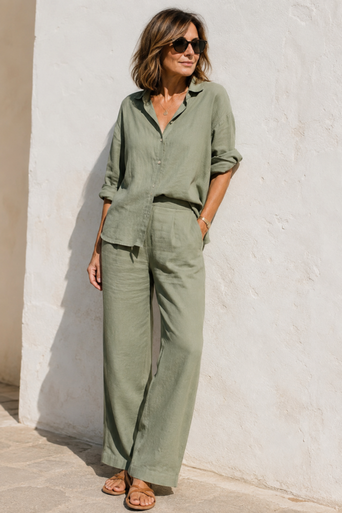 Matching linen set outfit idea for a polished summer look for women over 40