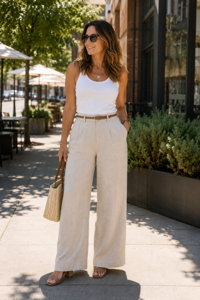 Woman over 40 wearing wide-leg linen pants and a fitted tank top for a flattering summer outfit
