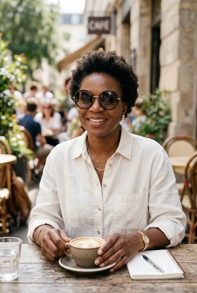 Black woman over 40 wearing oversized round sunglasses outdoors