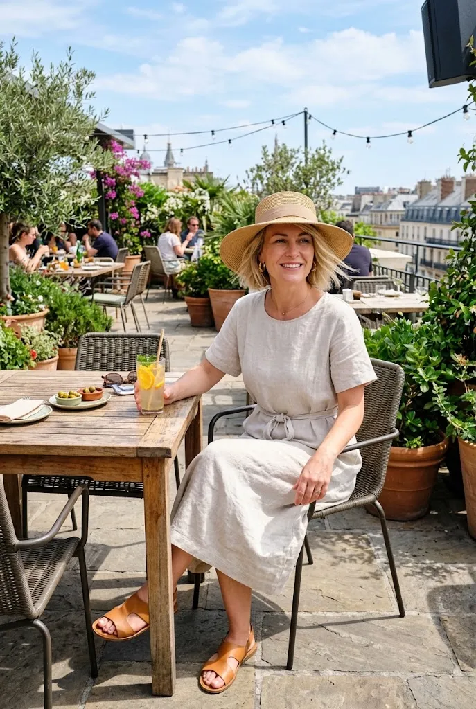 Woman in her 40s in a linen dress and wide brim hat on a sunny brunch patio