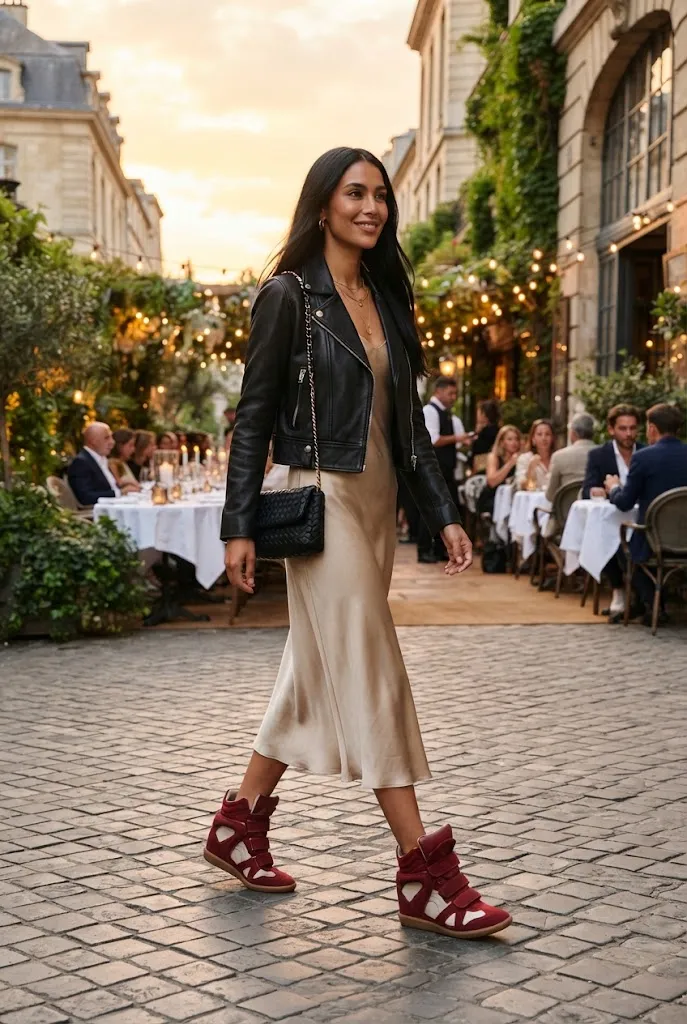 Woman in a silk dress wearing red Isabel Marant-style wedge sneakers at sunset