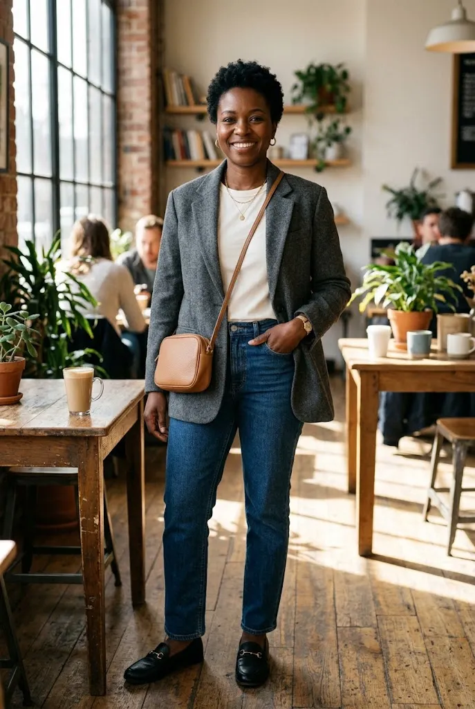 Woman over 30 styling a tailored blazer with jeans for a polished casual outfit