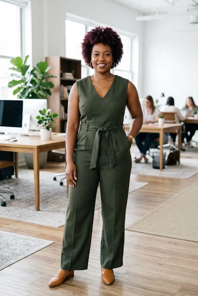 Curvy woman wearing a well fitted tailored jumpsuit for work