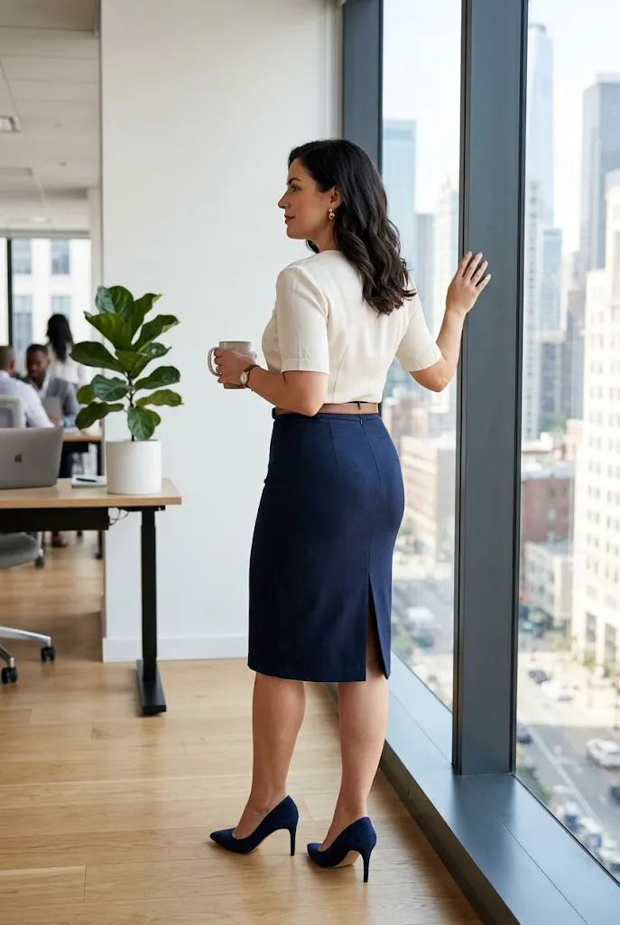 Curvy woman in a well fitted pencil skirt with back kick pleat