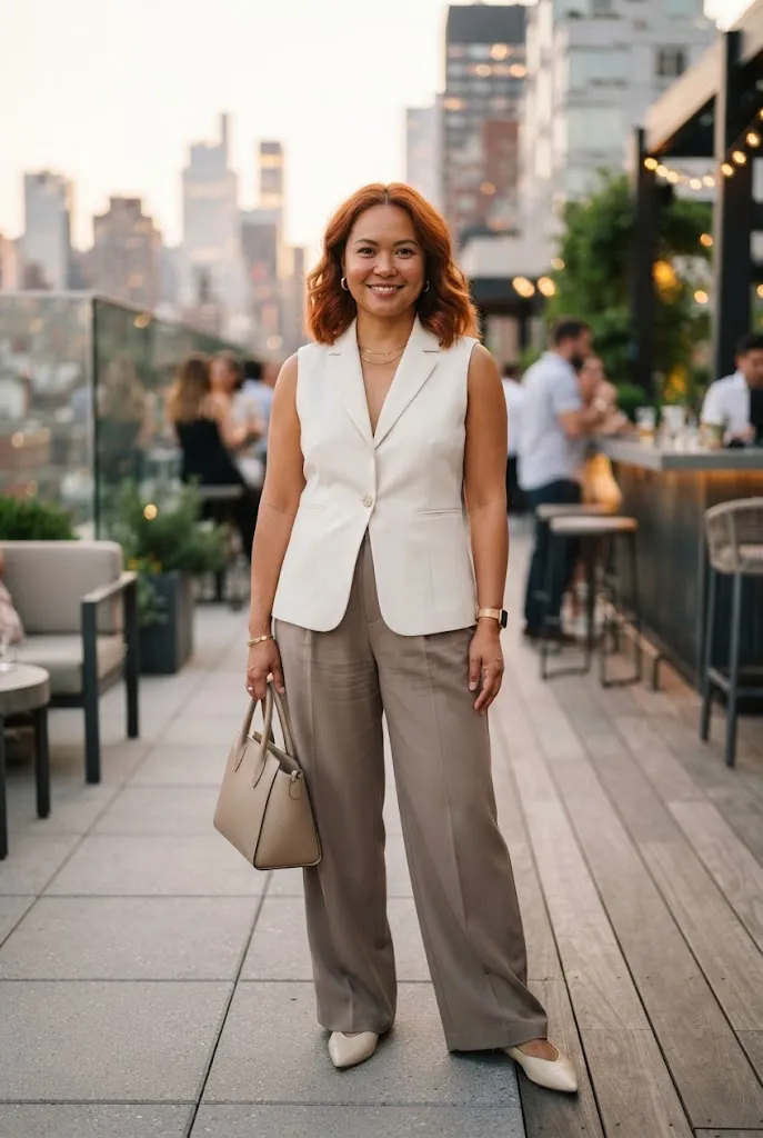 Woman over 40 wearing a tailored vest with fluid trousers for a modern night out