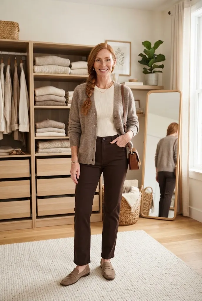 Woman wearing a taupe cardigan with ivory and dark neutral layers
