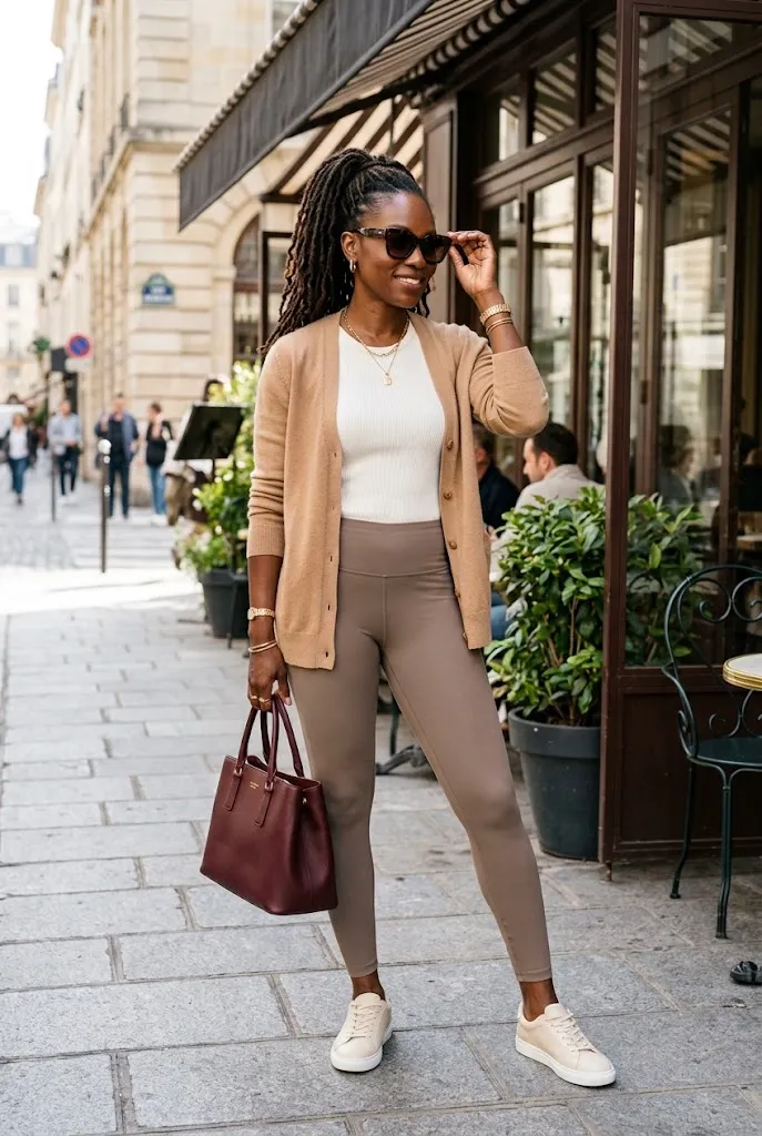 Black woman over 40 wearing taupe leggings with a camel cardigan, cream sneakers, and burgundy handbag.