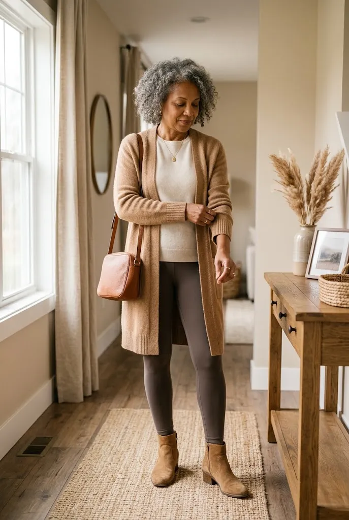Mature woman wearing taupe leggings with a cream top and camel cardigan