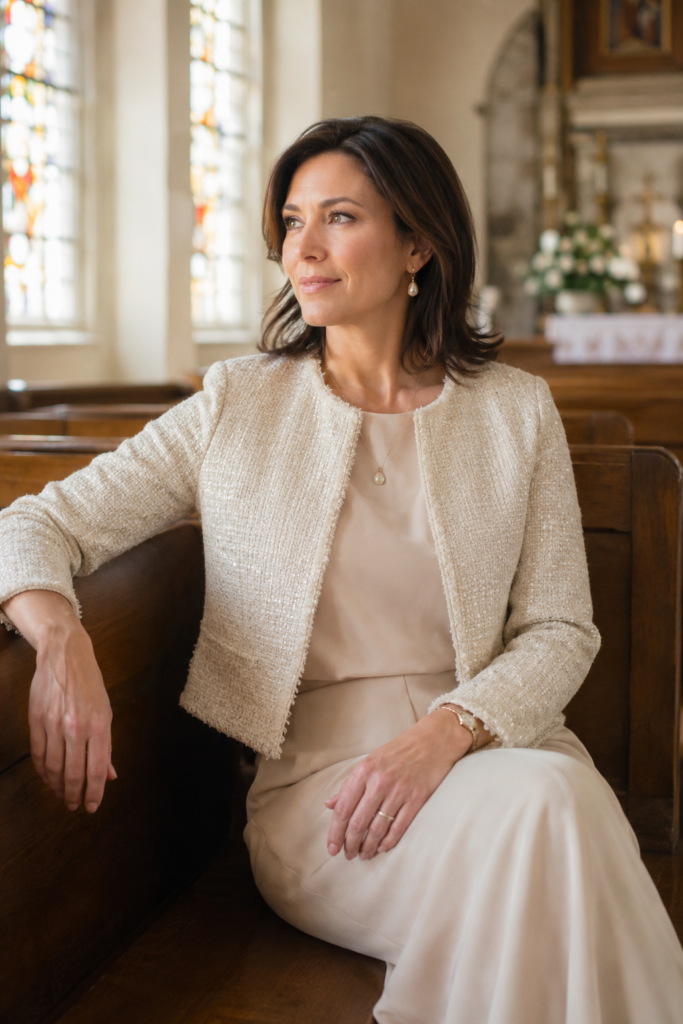 Cream tweed blazer worn over a soft dress for a polished church look