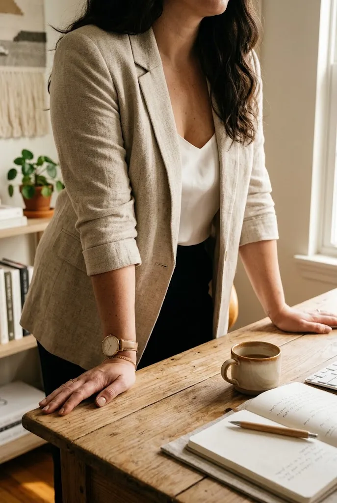 Curvy woman wearing a blazer with three quarter length sleeves and a visible watch