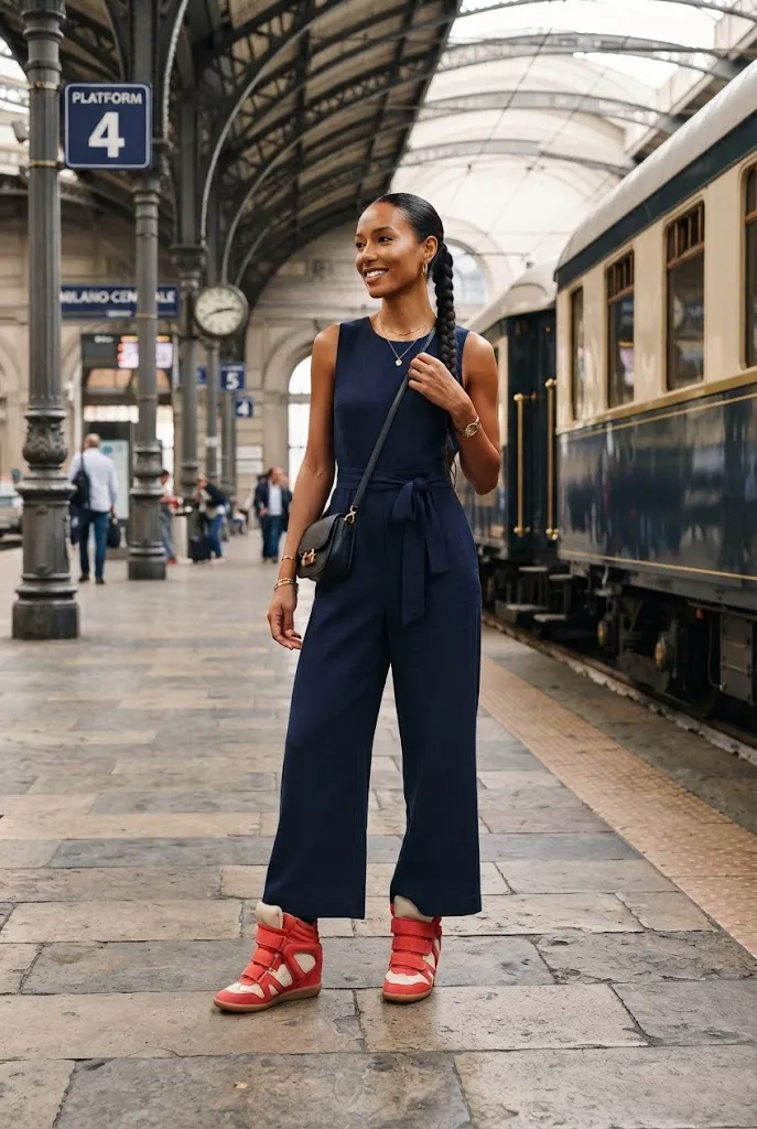 Woman in a jumpsuit wearing coral Isabel Marant-style wedge sneakers at a train station
