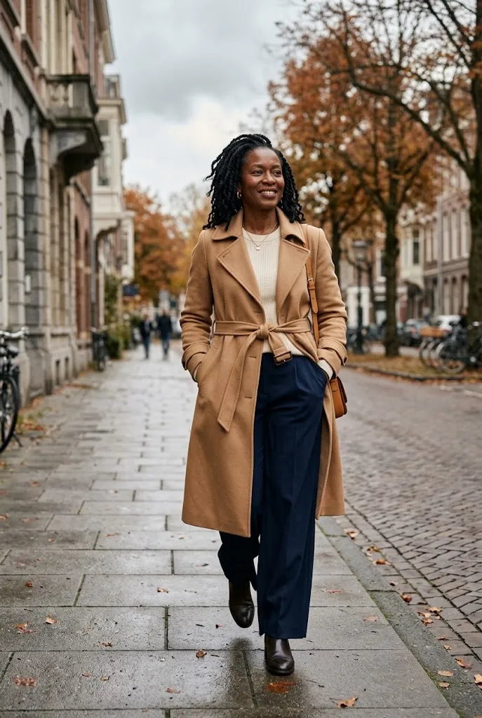 Black woman over 40 wearing a belted camel trench coat on the street