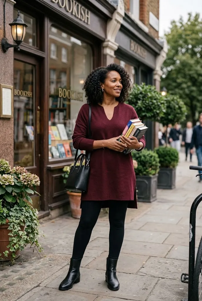 Black woman over 40 wearing black leggings with a long burgundy tunic and ankle boots