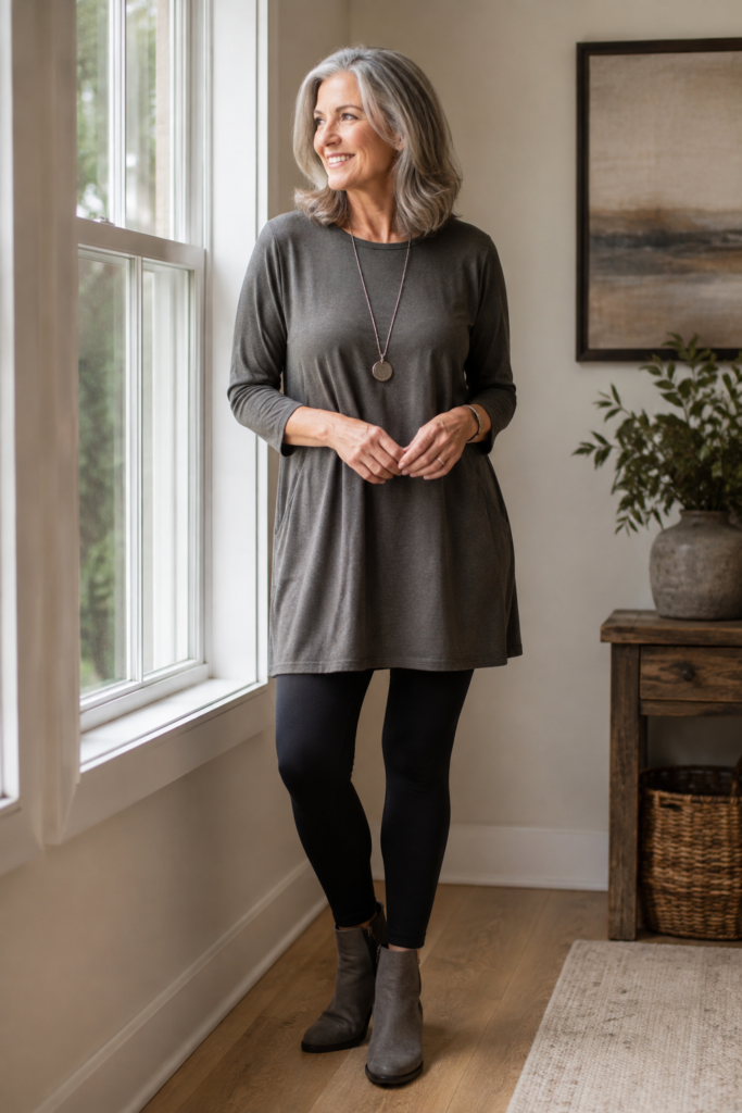 Tunic top with leggings and ankle boots styled in correct proportions for a flattering look