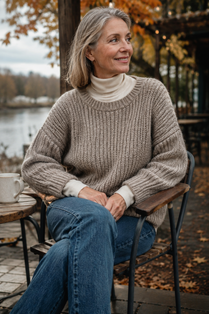 Turtleneck layered under a chunky jumper with straight jeans for cold-weather styling