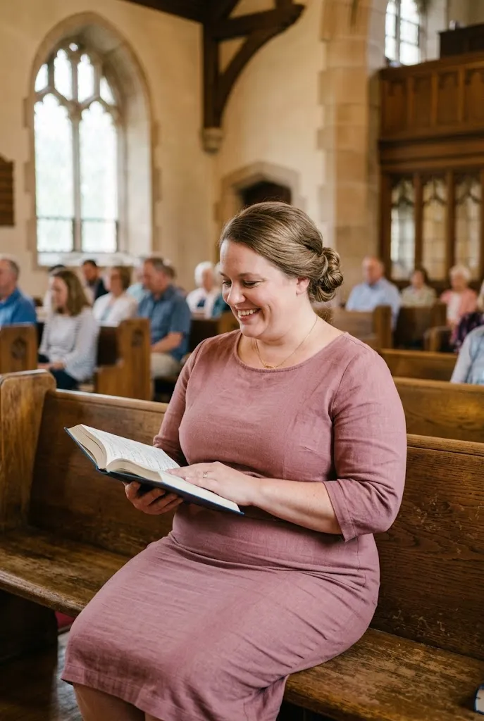 Plus size white American woman wearing a matching skirt and top set in a church pew