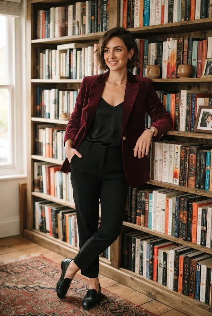 Woman wearing a wine colored velvet blazer as a standalone cocktail outfit