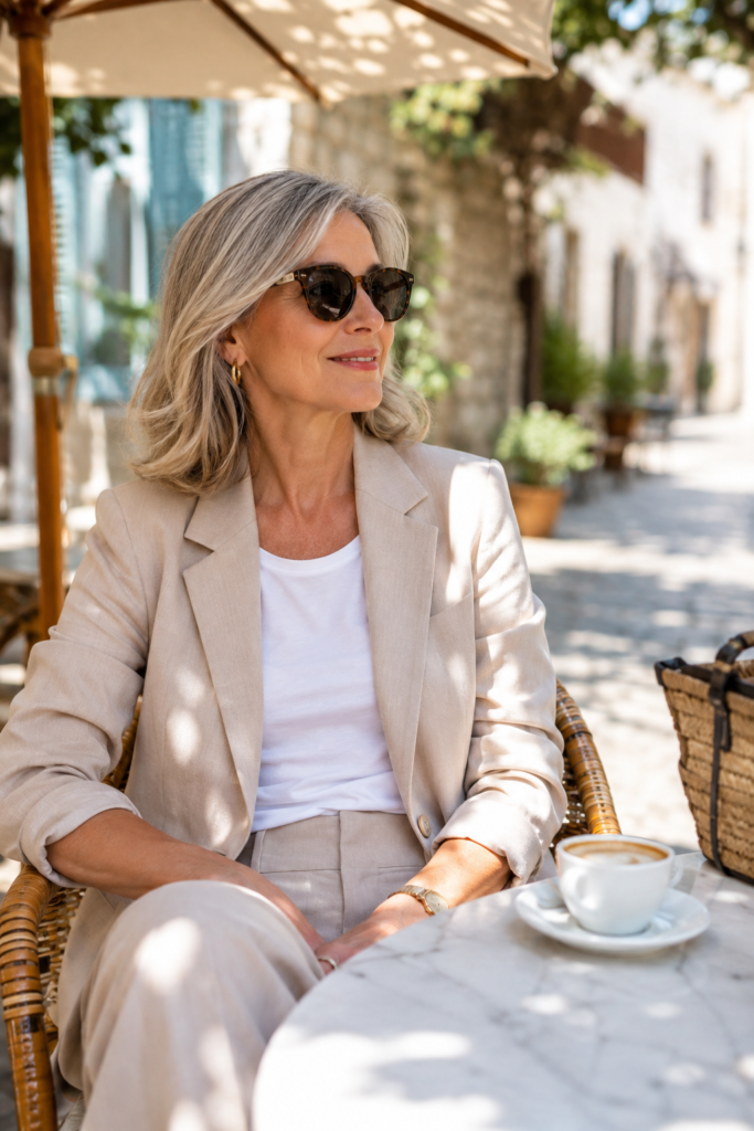 Woman over 50 wearing an unstructured blazer over a simple outfit at an outdoor cafe