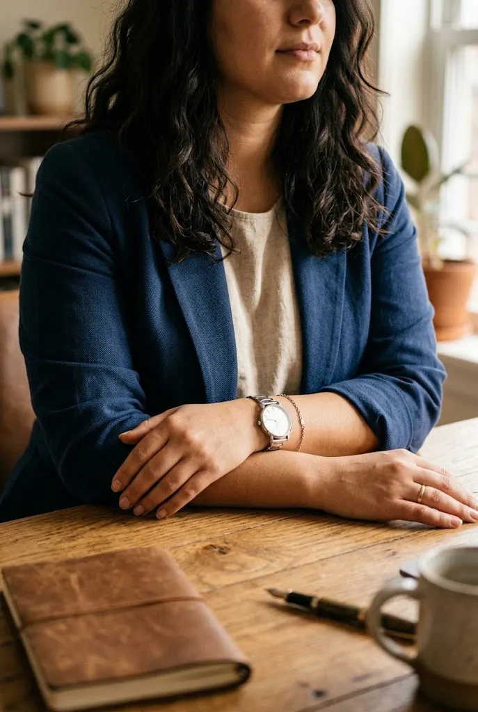 Curvy woman layering a structured vest over a fitted turtleneck for the office