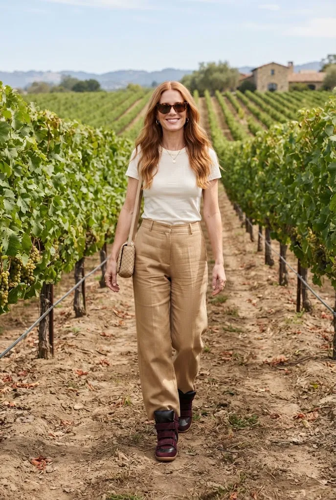 Woman in wide-leg trousers wearing burgundy Isabel Marant-style wedge sneakers at a vineyard